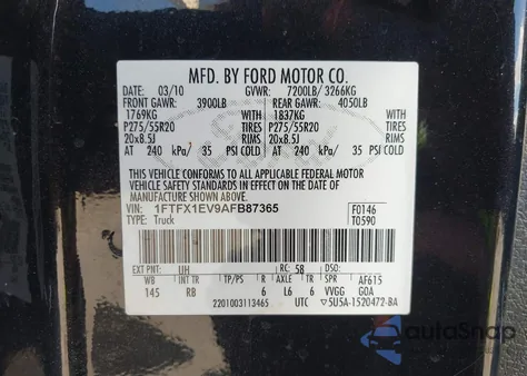 2010 Ford F-150 Fx4/Lariat/Xl/Xlt z USA, uszkodzony, nr VIN 1FTFX1EV9AFB87365